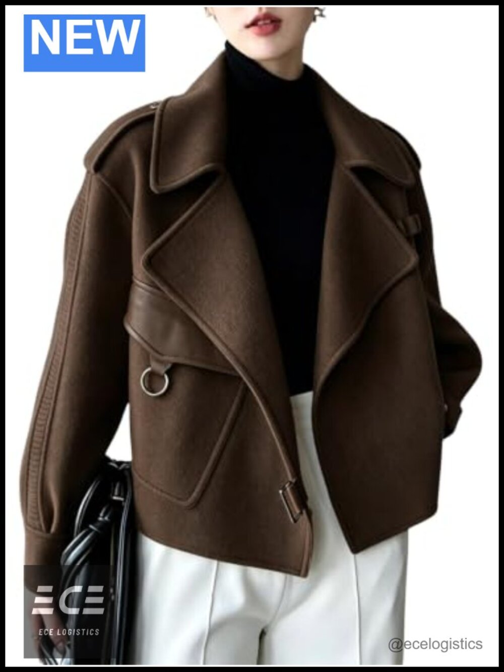 Cropped Wool Blend Pea Coat Notch Lapel Open Front Women Jacket
